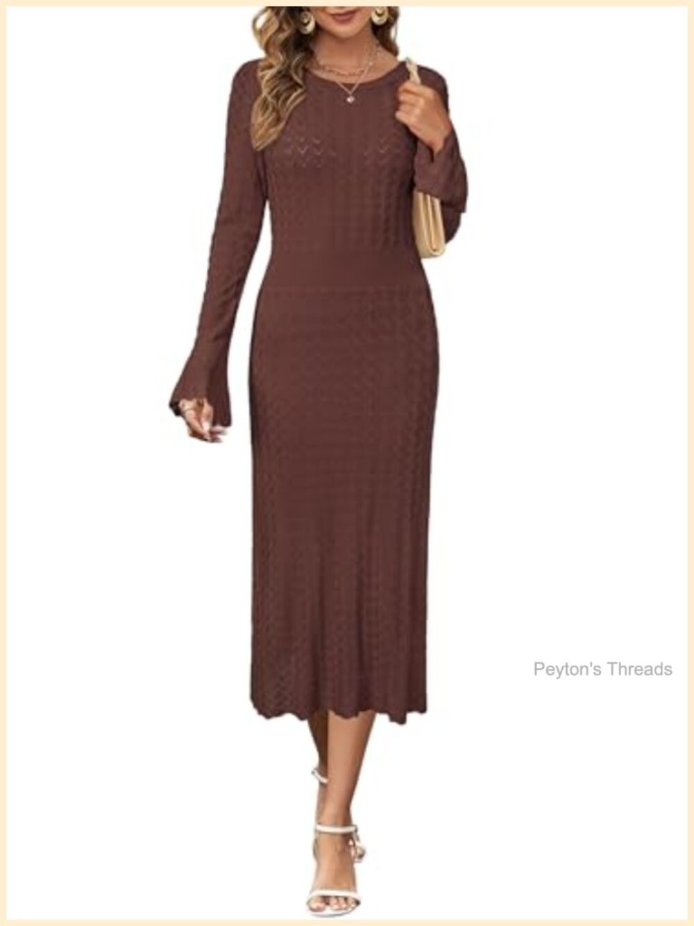 Hollow Knit Midi Sweater Dress Long Bell Sleeve Ribbed Waist Work